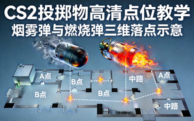 CS2投掷物高清点位教学封面图，展示烟雾弹与燃烧弹的三维落点示意