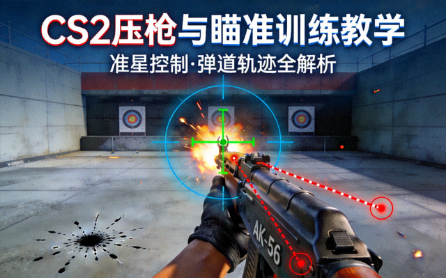 CS2压枪与瞄准训练教学封面图，展示准星控制与弹道轨迹示意