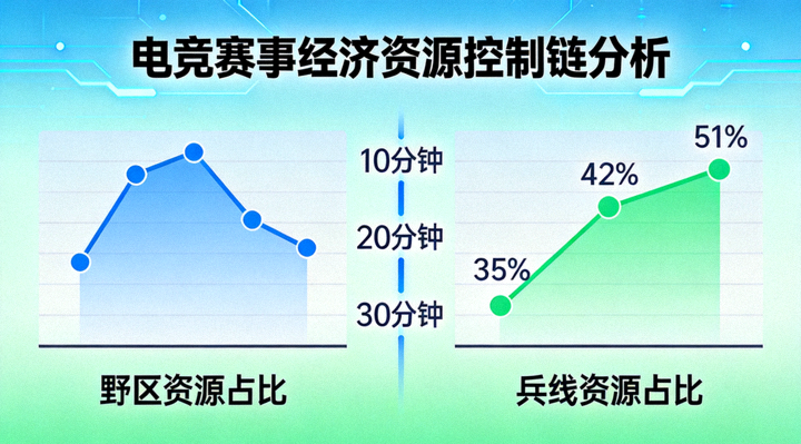 电竞赛事经济资源控制链分析配图，展示野区与兵线资源分配走势