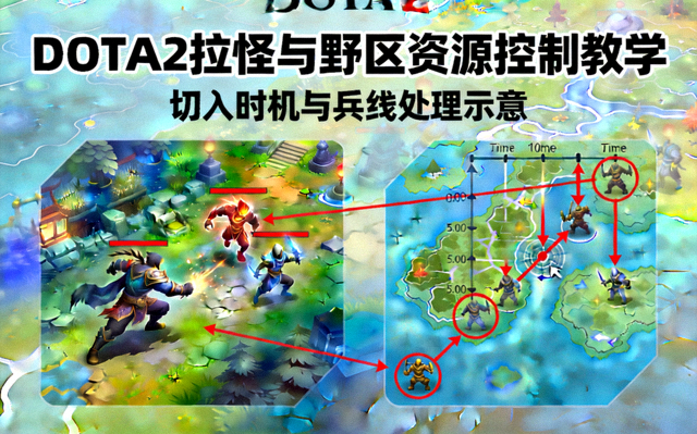 DOTA2拉怪与野区资源控制教学封面图，展示切入时机与兵线处理示意