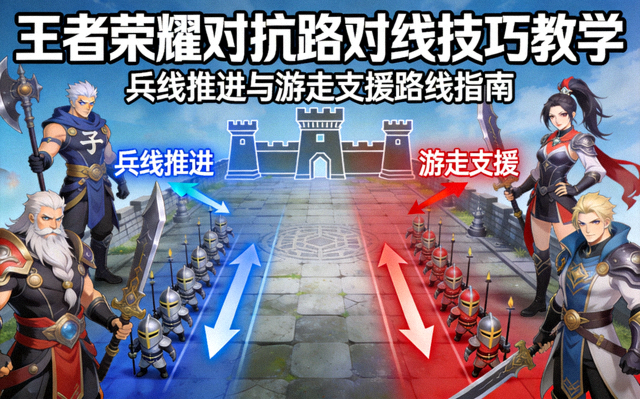 王者荣耀对抗路对线技巧教学封面图，展示兵线推进与游走支援路线